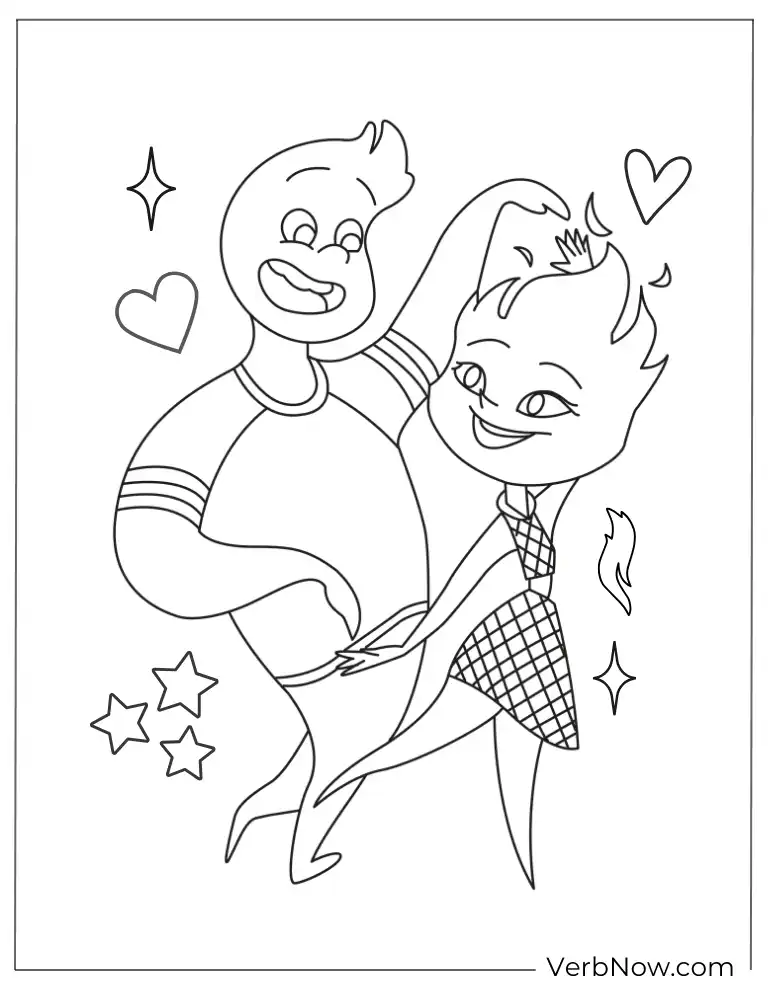 Elemental coloring page of Ember and Wade dancing