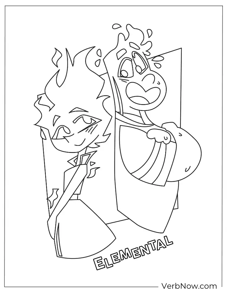 Playful Ember and Wade behind the door fun Elemental printable page
