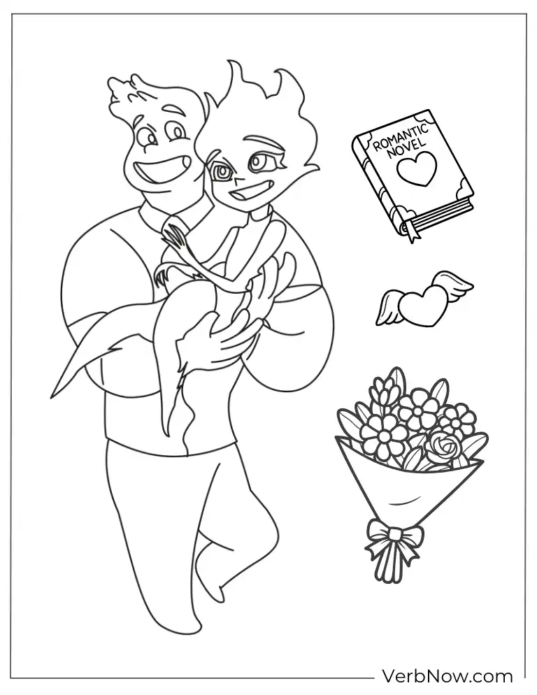 Elemental coloring page with flowers and love note