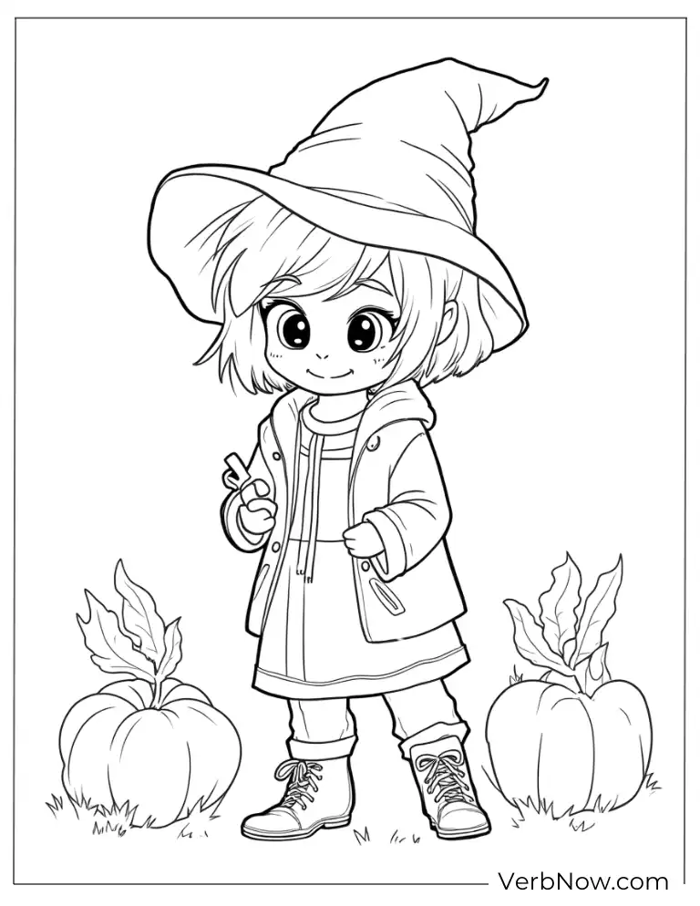 Fall coloring page with a cute witch and pumpkin