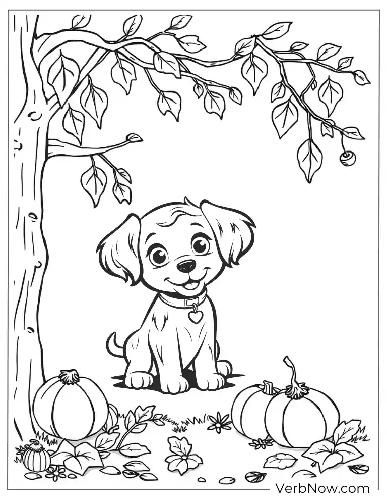 Fall coloring page with pumpkins, leaves, and dog