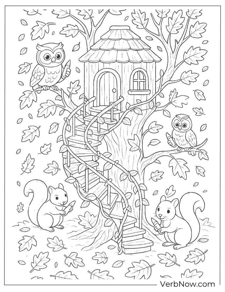 Fall coloring sheet with owls, squirrels