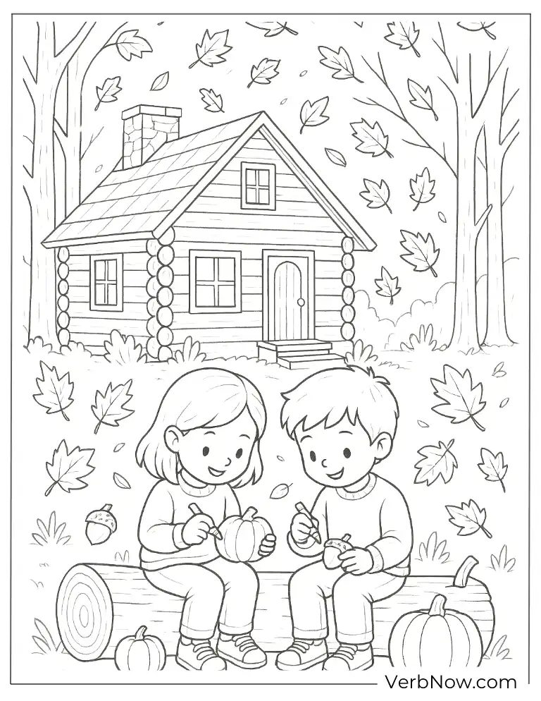 Fun fall coloring page with kids and farm scenes