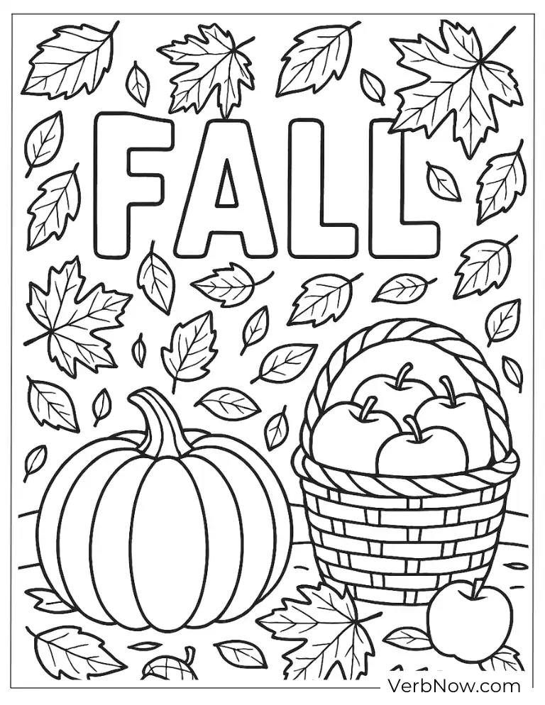 Printable fall page withpumpkin, leaves and apples