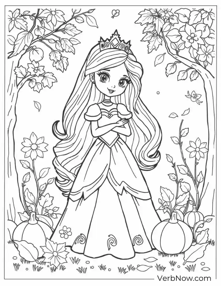 Princess in fall-themed coloring page for kids