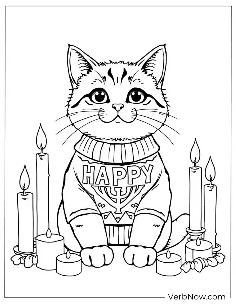Festive Hanukkah coloring page with cats for kids