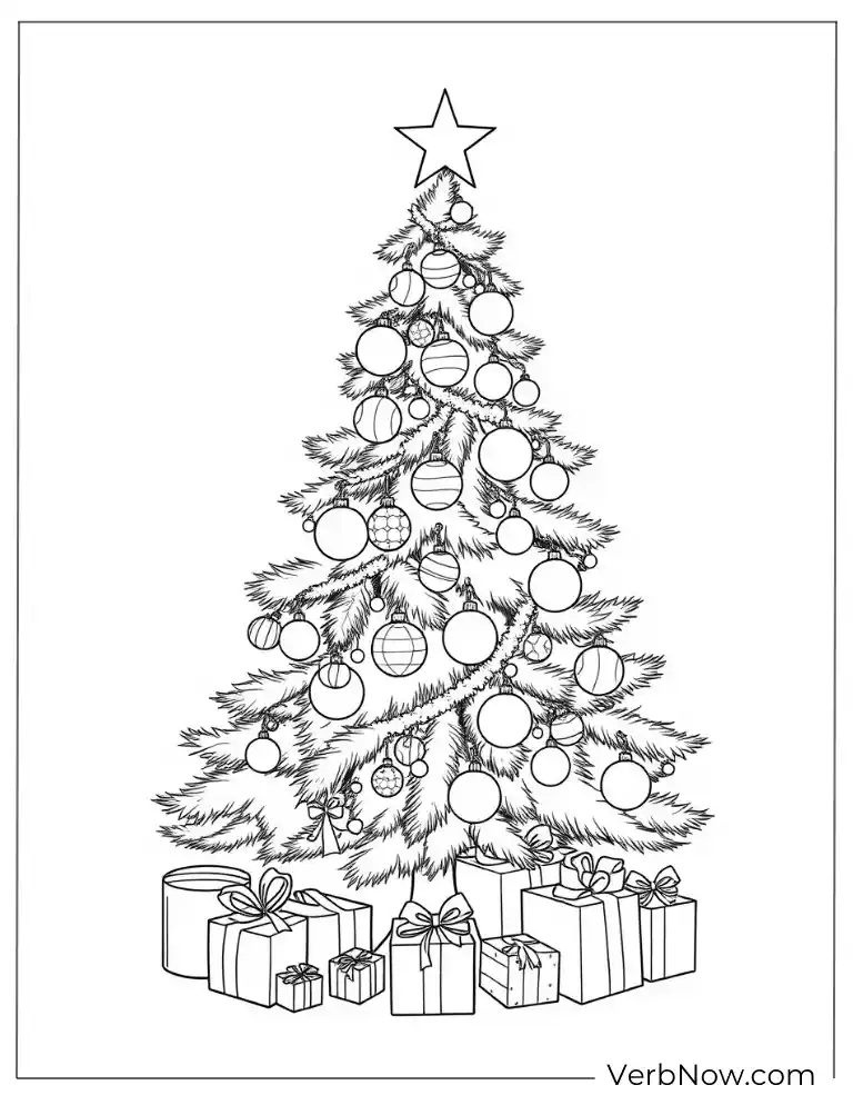 Christmas tree coloring page with gifts and decorations