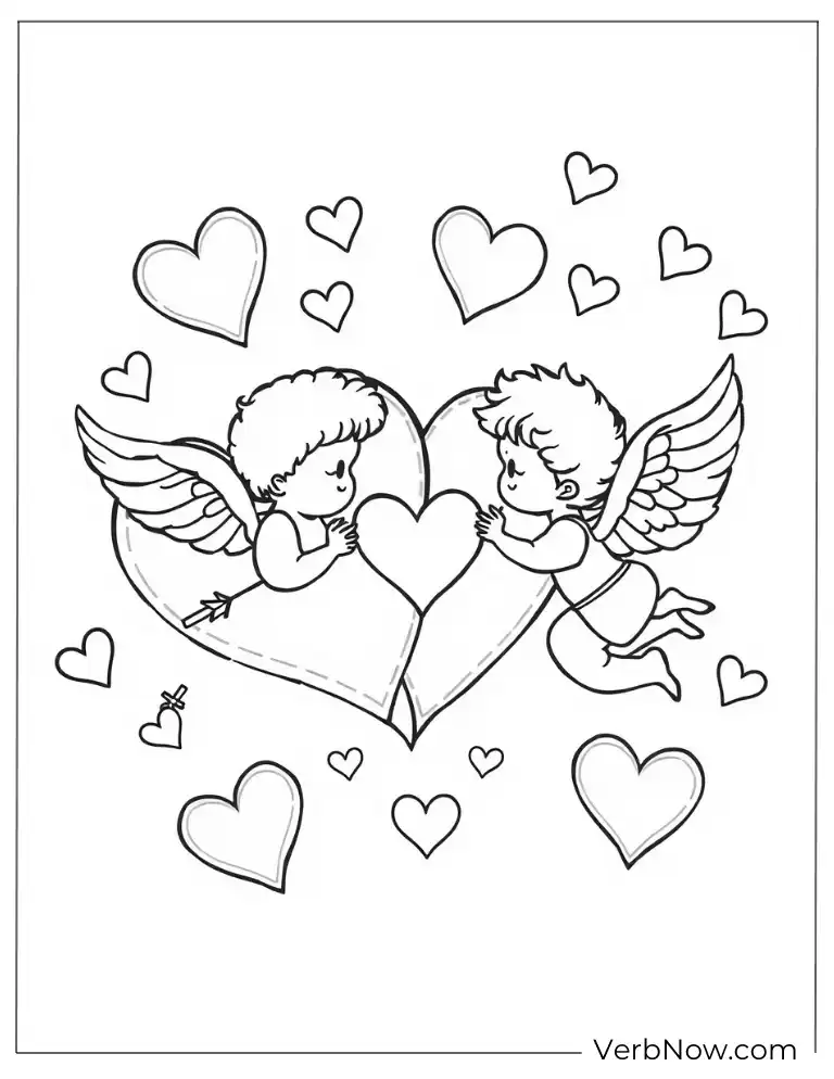 Angel and heart-shaped decorations Valentine's Day coloring page
