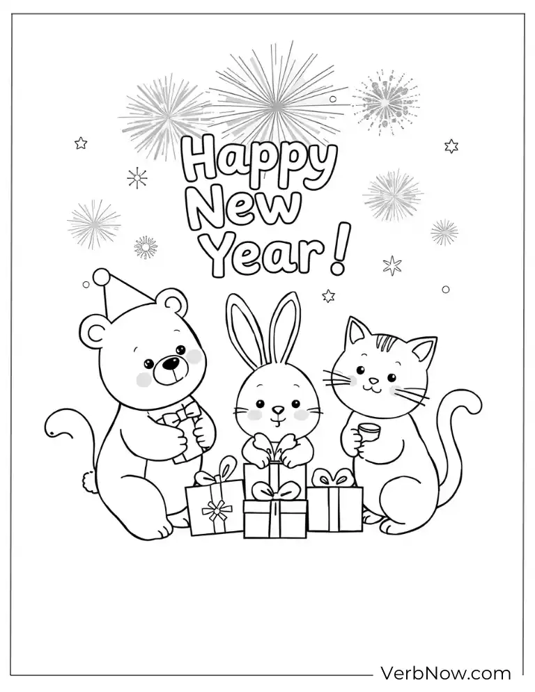 New Year 2025 with fireworks coloring page