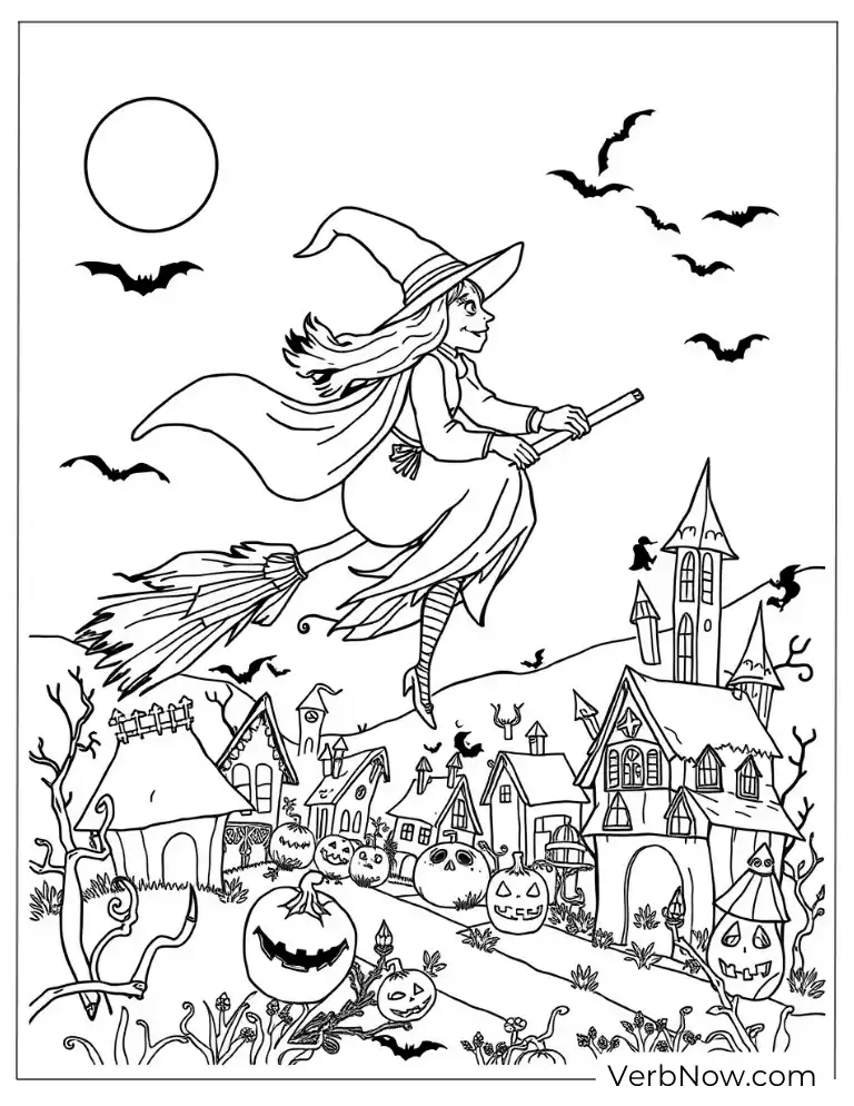 Witch flying over a spooky Halloween village coloring page