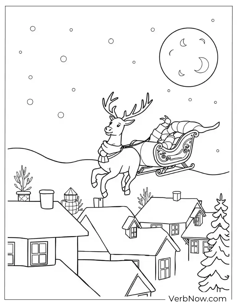 Reindeer and sleigh coloring page with snowy houses