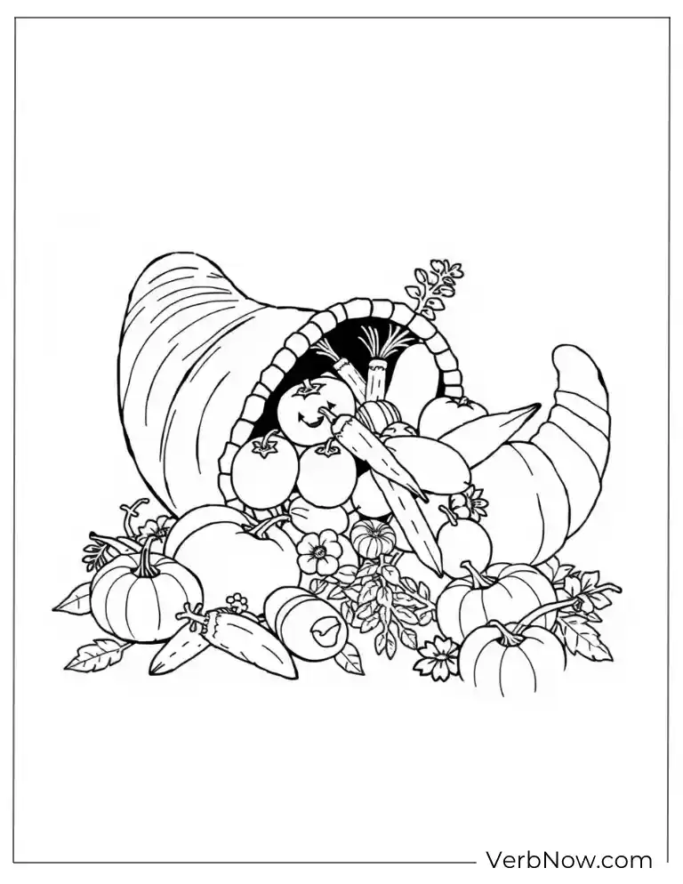 Cornucopia filled with fruits and vegetables Thanksgiving coloring page