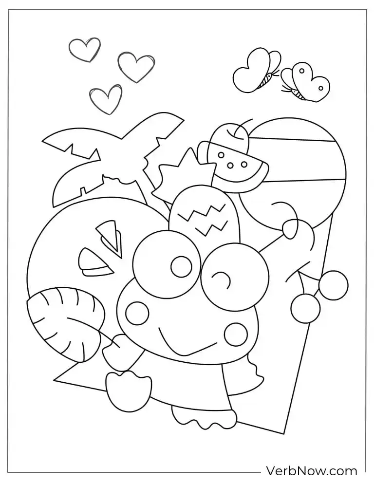 Keroppi with beach toys and hearts coloring page