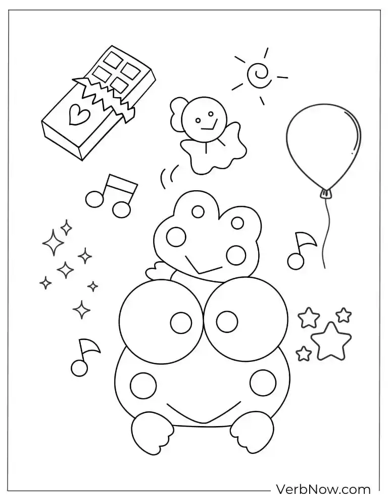 Keroppi dancing with candy and stars coloring sheet