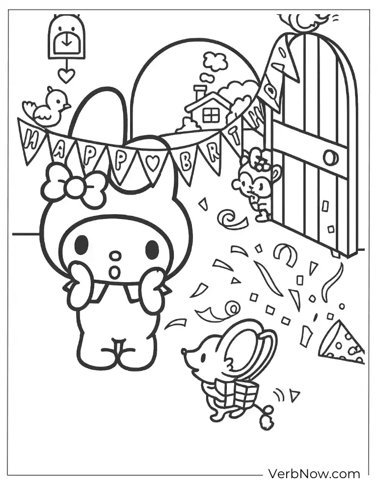 My Melody Happy Birthday Coloring Page