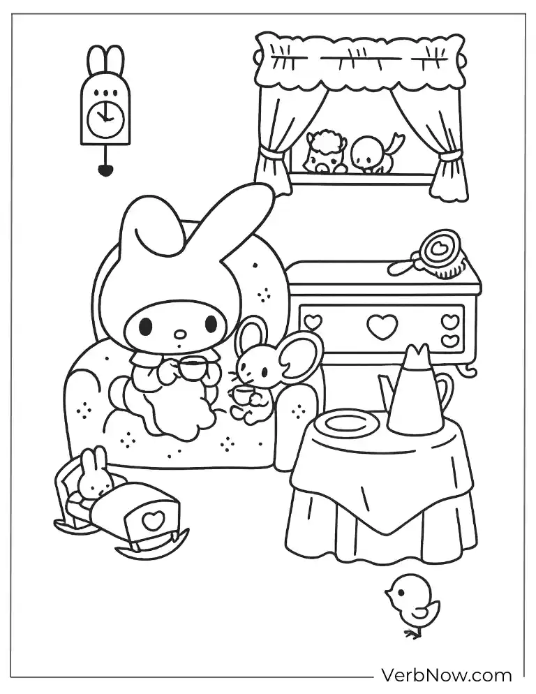 Cute My Melody coloring page in her living room