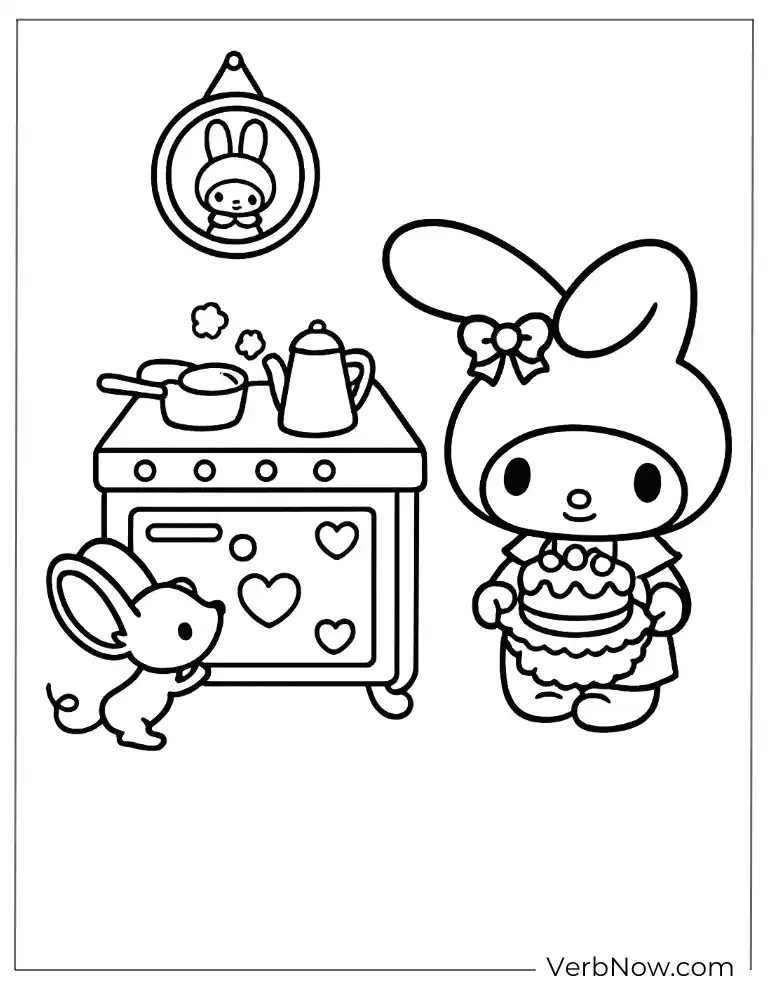 Coloring page of My Melody baking with her mouse friend