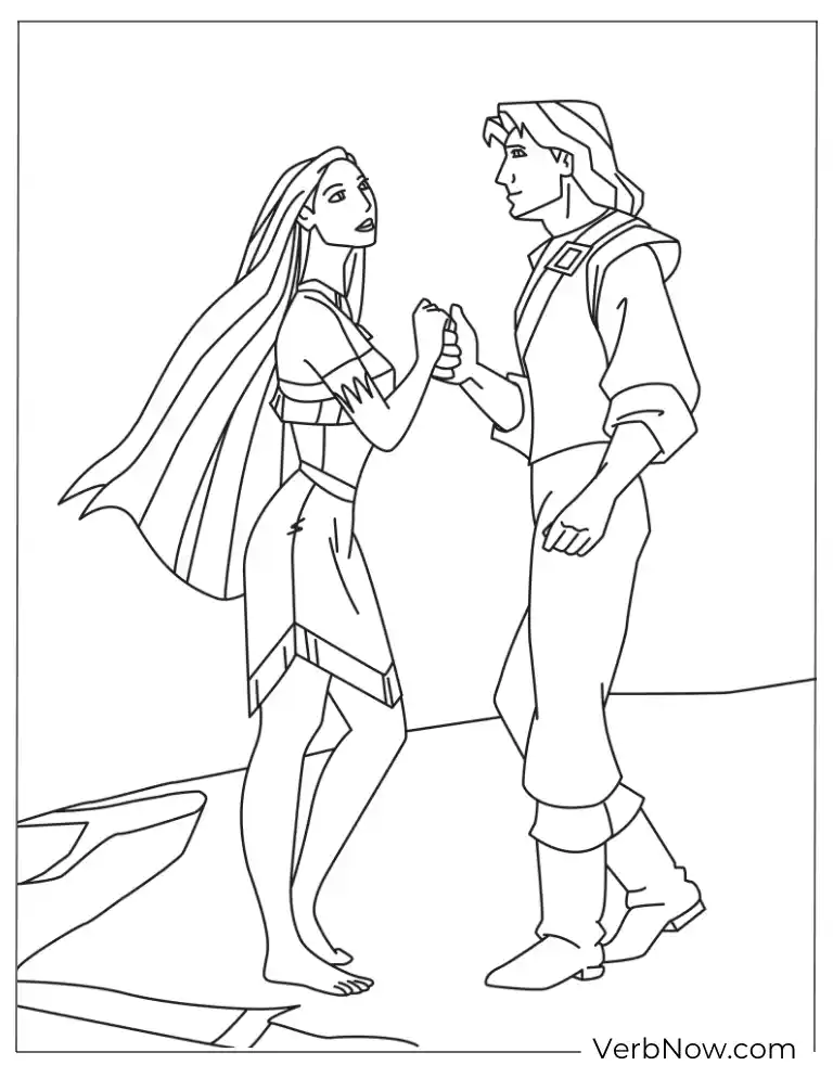 Pocahontas and John Smith Holding Hands Coloring Page