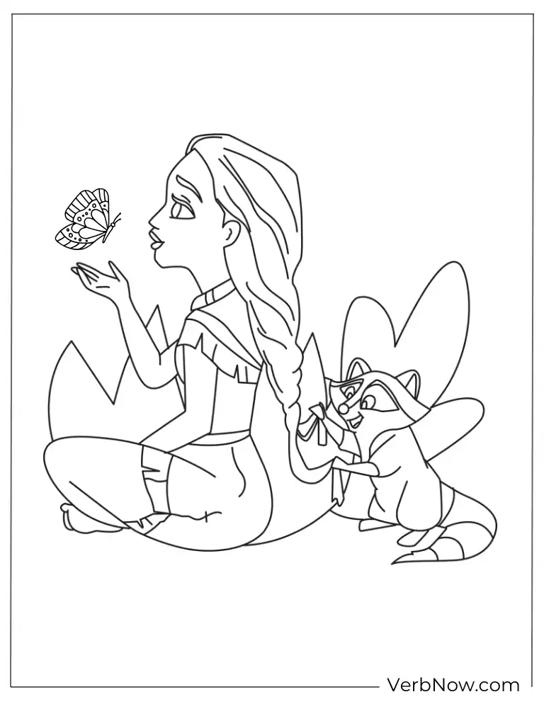 Pocahontas with Butterfly and Meeko Coloring Page