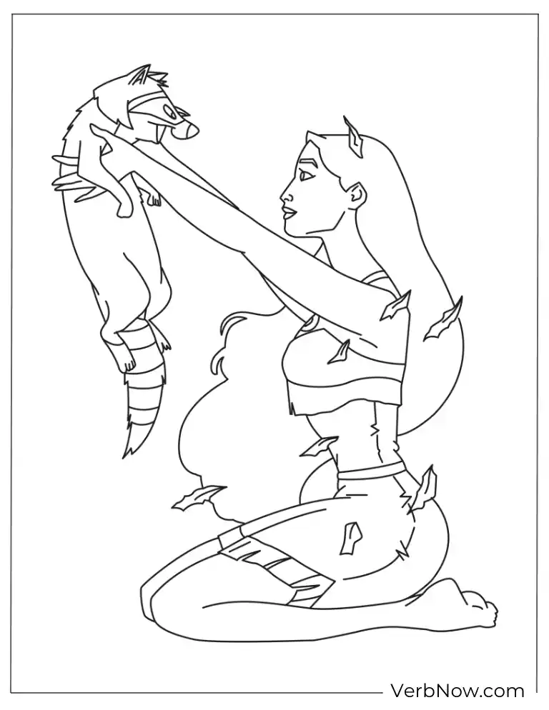 Pocahontas with Meeko the Raccoon Coloring Page