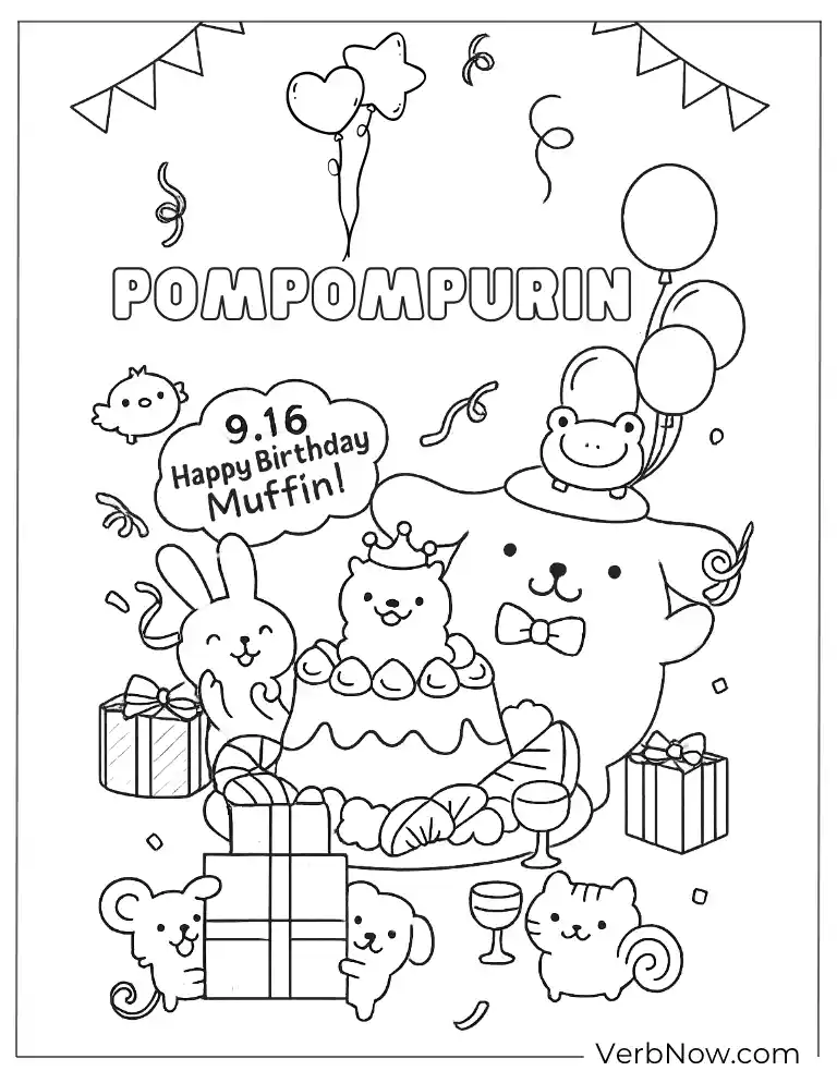 Pompompurin happy birthday coloring sheet for kids