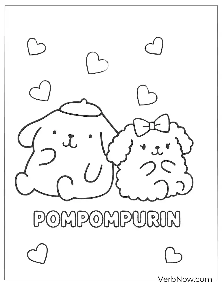 Pompompurin and friend with hearts coloring page