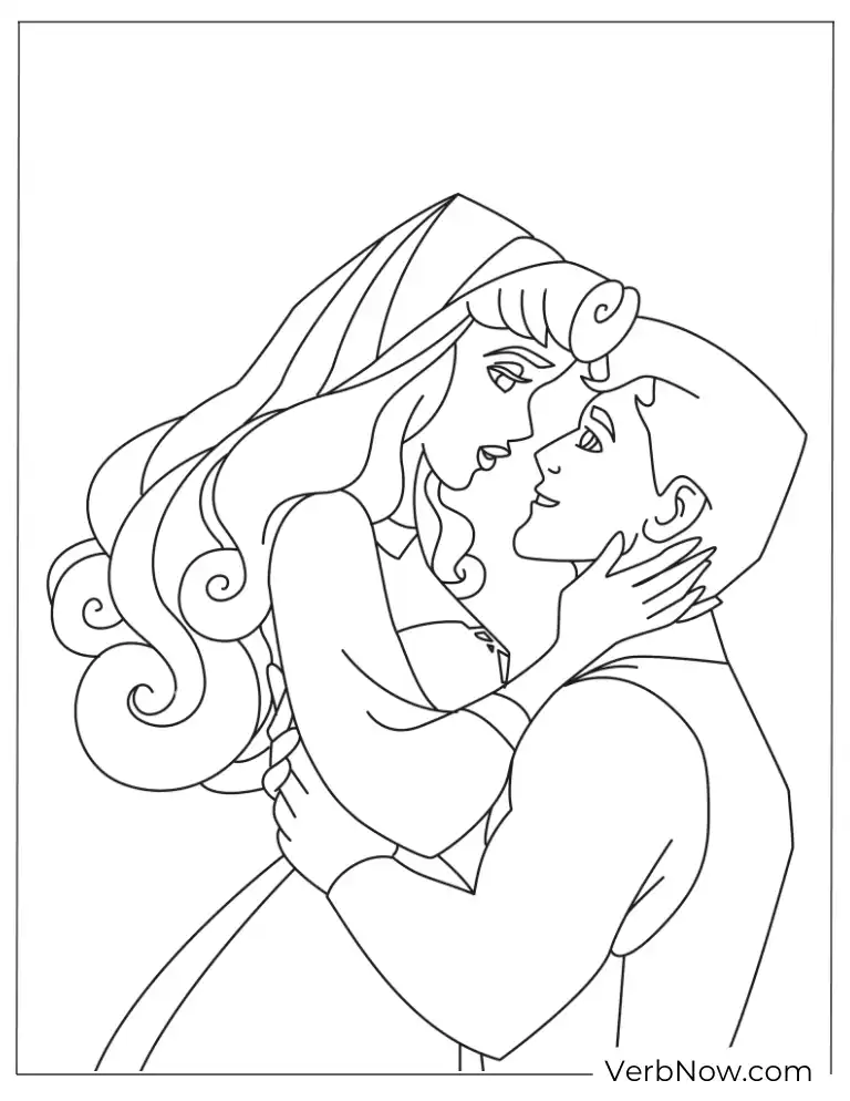 Sleeping Beauty and Prince in Love Coloring Page