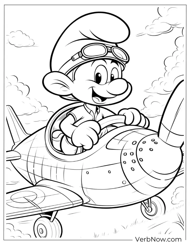 Smurf flying airplane coloring page