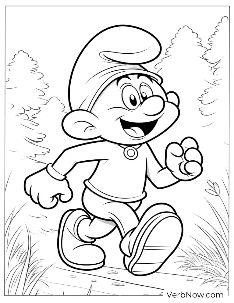 Smurf hiking in the forest coloring sheet