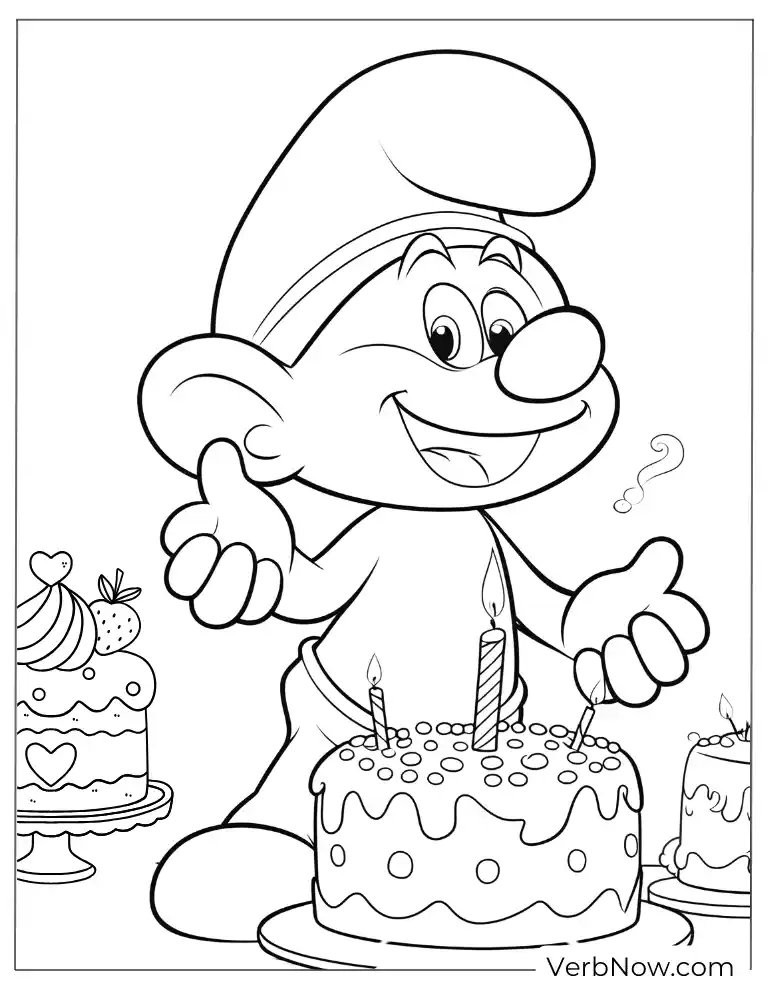 Birthday Smurf with cake coloring page