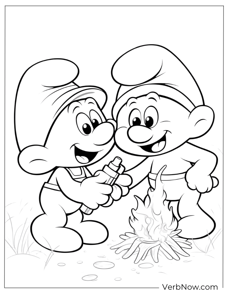 Smurfs camping by fire coloring sheet