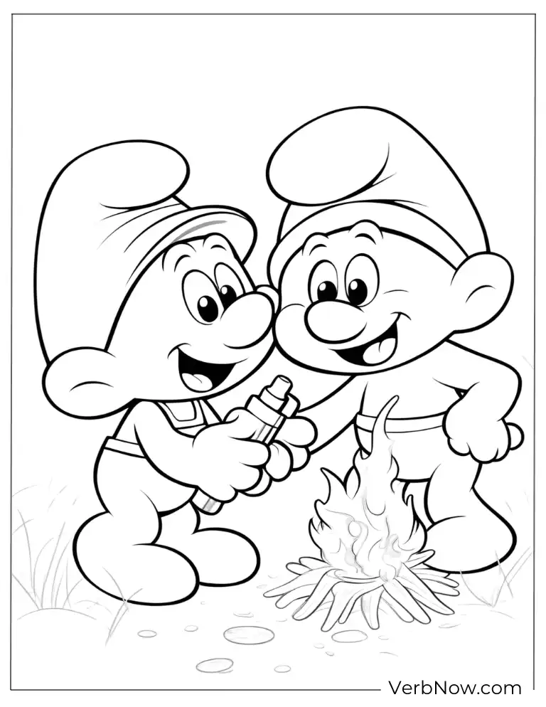 Smurfs camping by fire coloring sheet