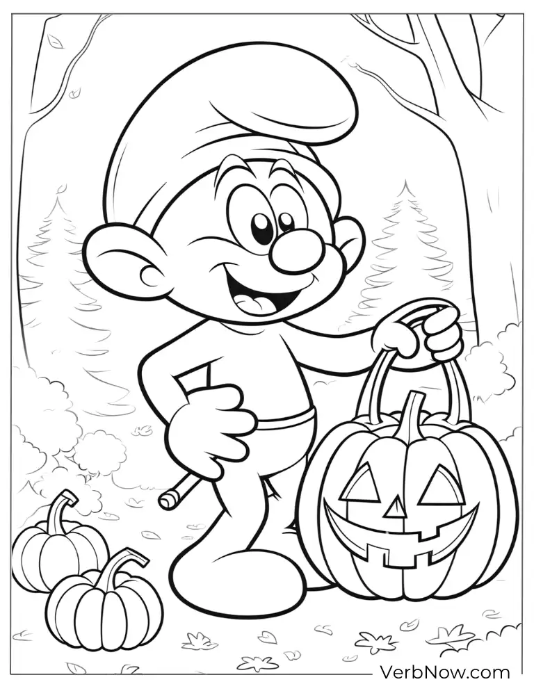 Halloween Smurf with pumpkin coloring page for kids