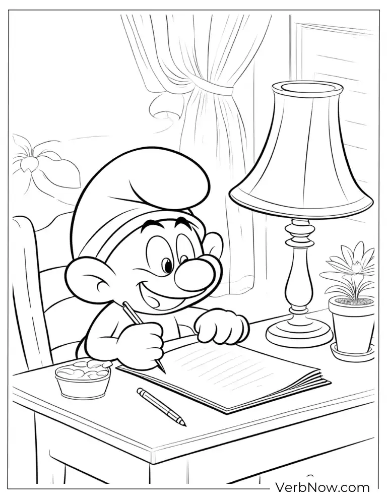 Smurf studying at desk coloring sheet