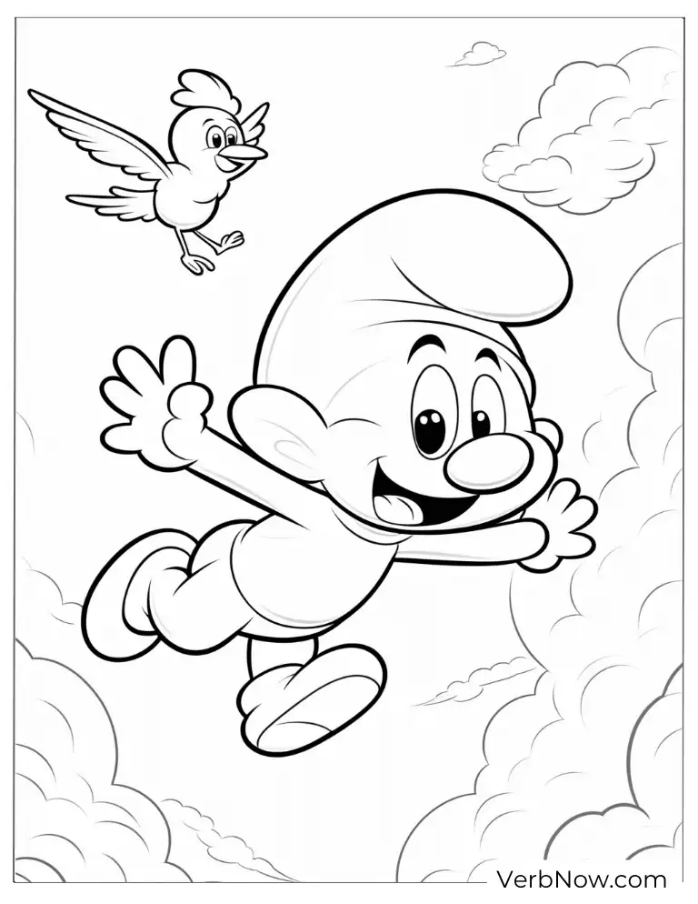 Flying Smurf with bird coloring page for toddlers