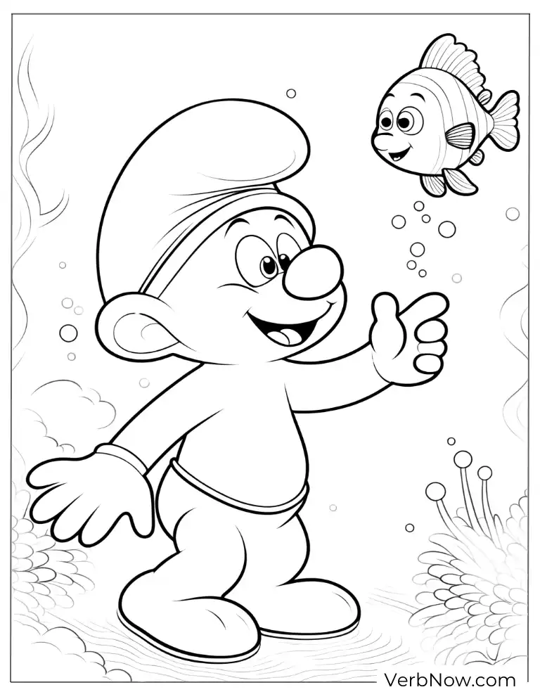 Smurf underwater with fish coloring page