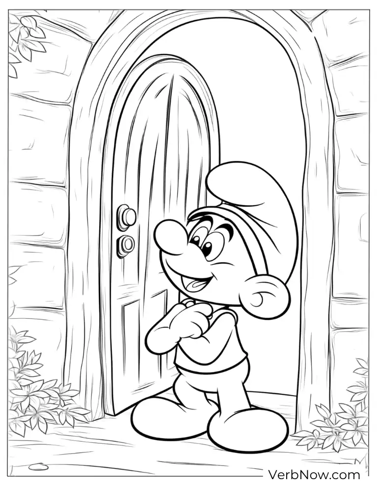 Smurf standing at door coloring sheet