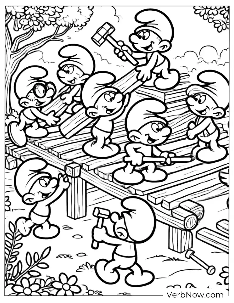 Smurfs building house together coloring page