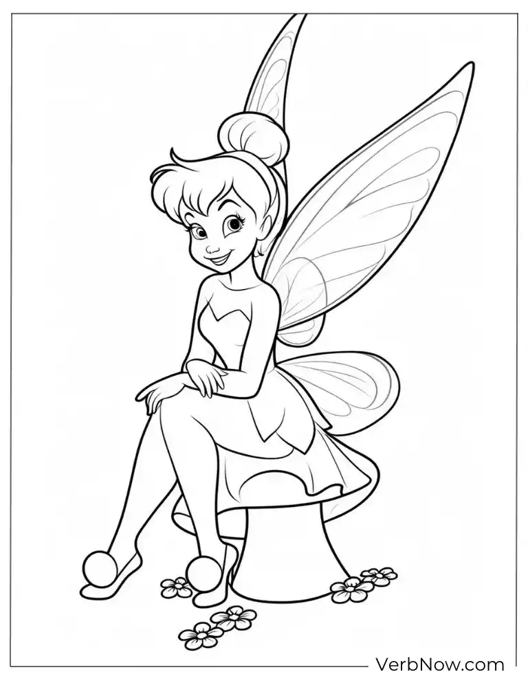 Classic Tinkerbell mushroom scene to color