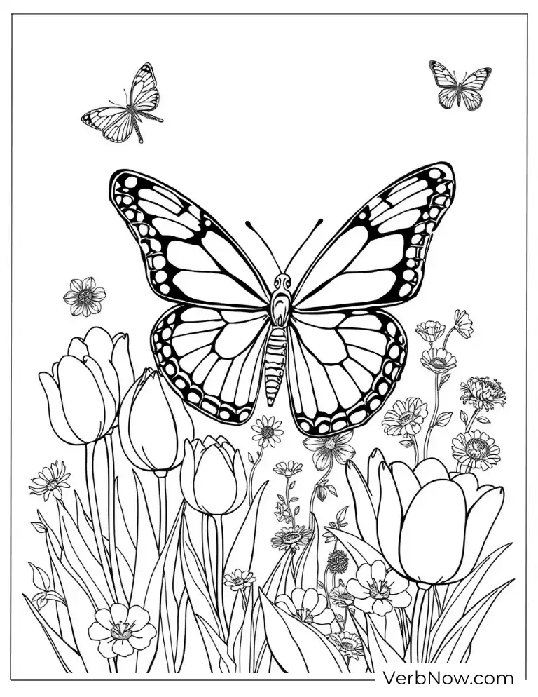 Butterfly and Tulip Coloring Page for Spring Garden Fun