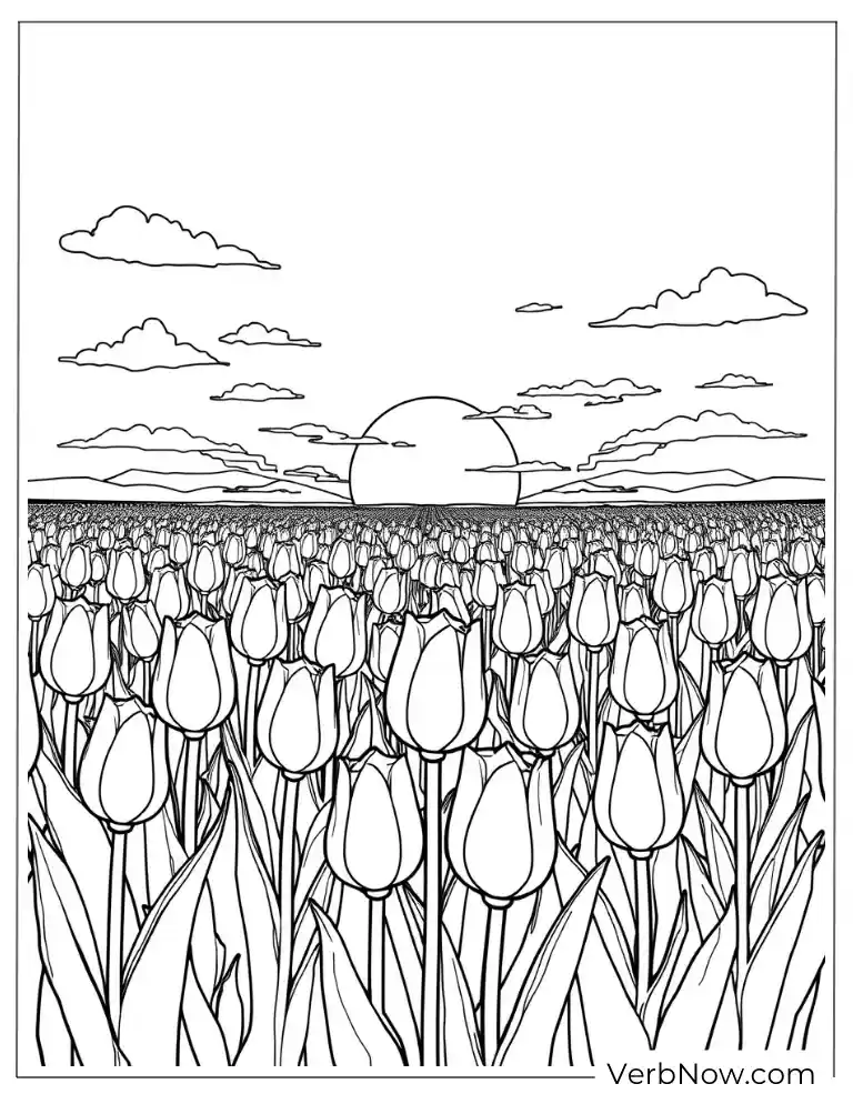 Tulip Field Coloring Page with Sunset Landscape
