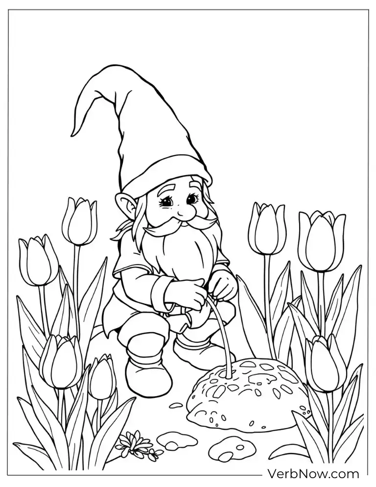 Garden Gnome and Tulips Coloring Page for Kids