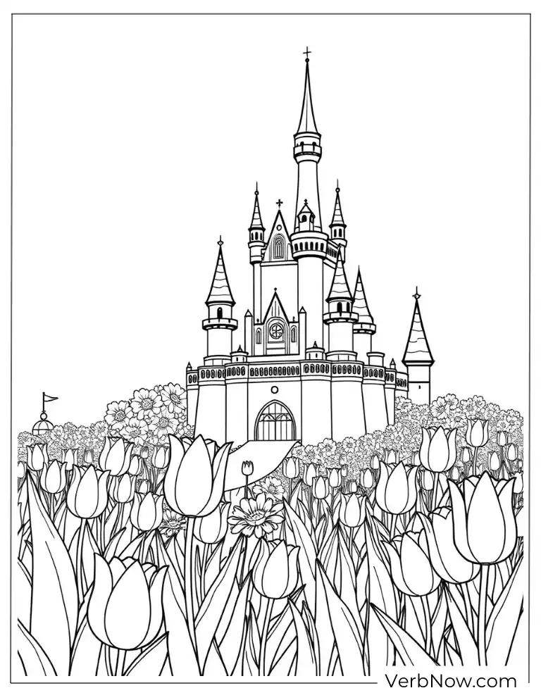 Castle and Tulip Coloring Page for Fantasy Lovers