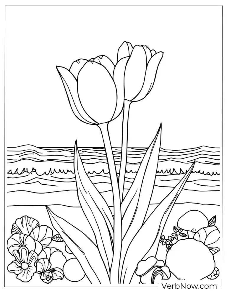 Beachside Tulip Coloring Page with Ocean View