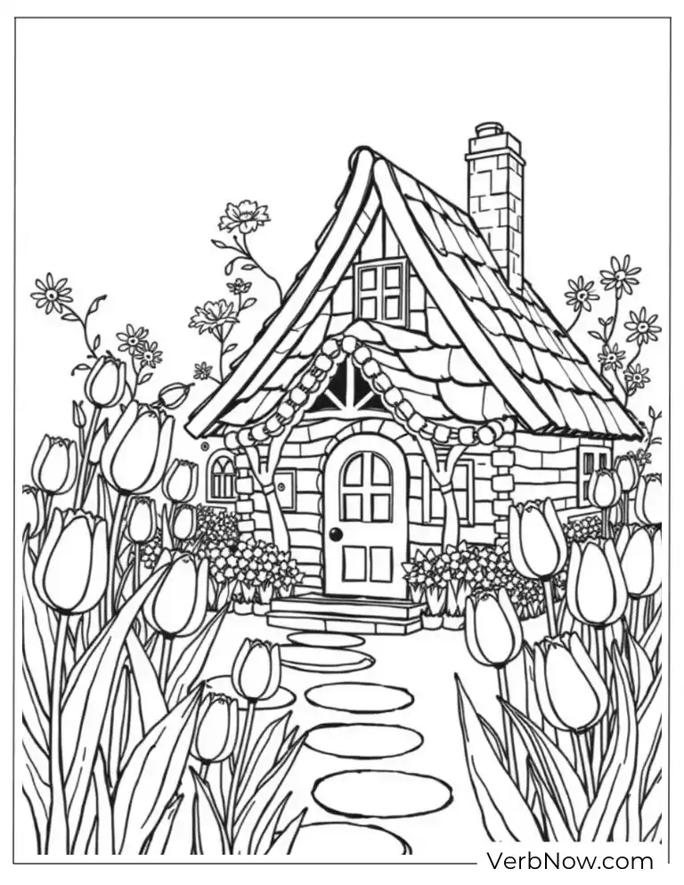 Tulip Cottage Coloring Page for Cozy Home Scenes