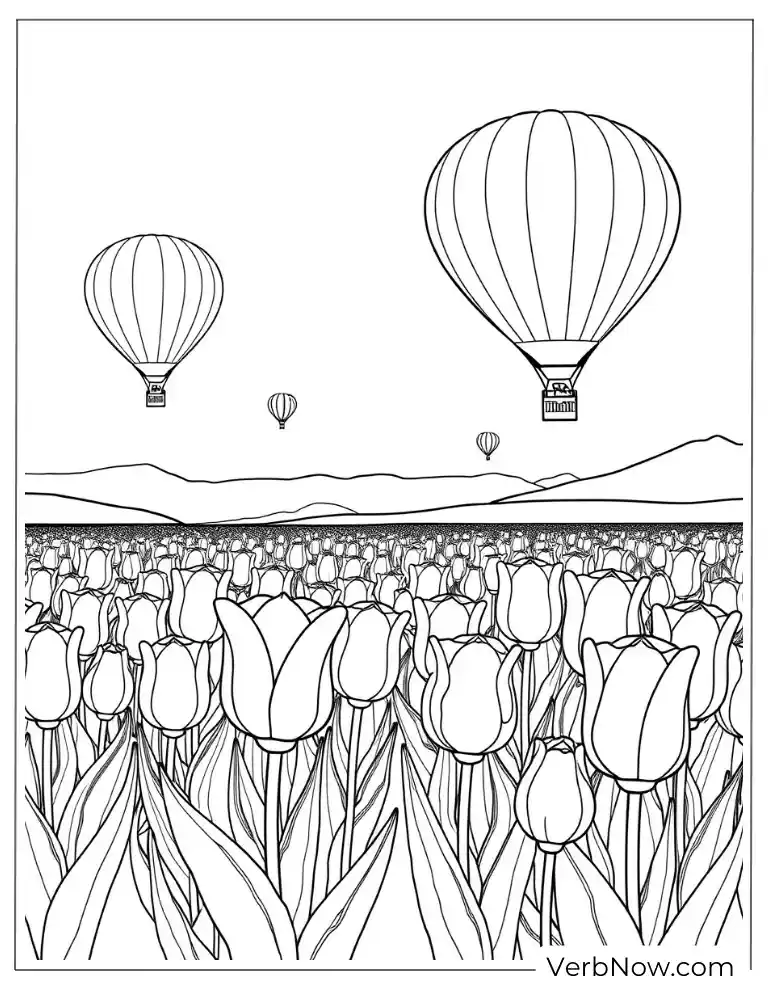 Hot Air Balloons Over Tulip Field Coloring Page