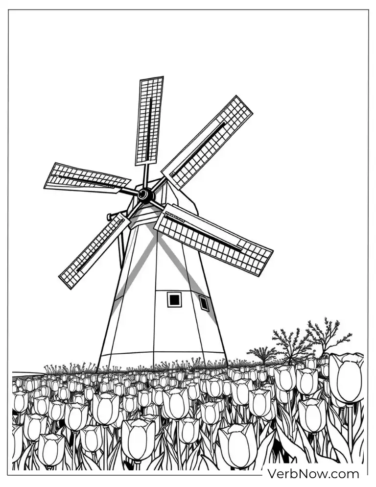 Windmill and Tulip Field Coloring Page for Dutch Vibes