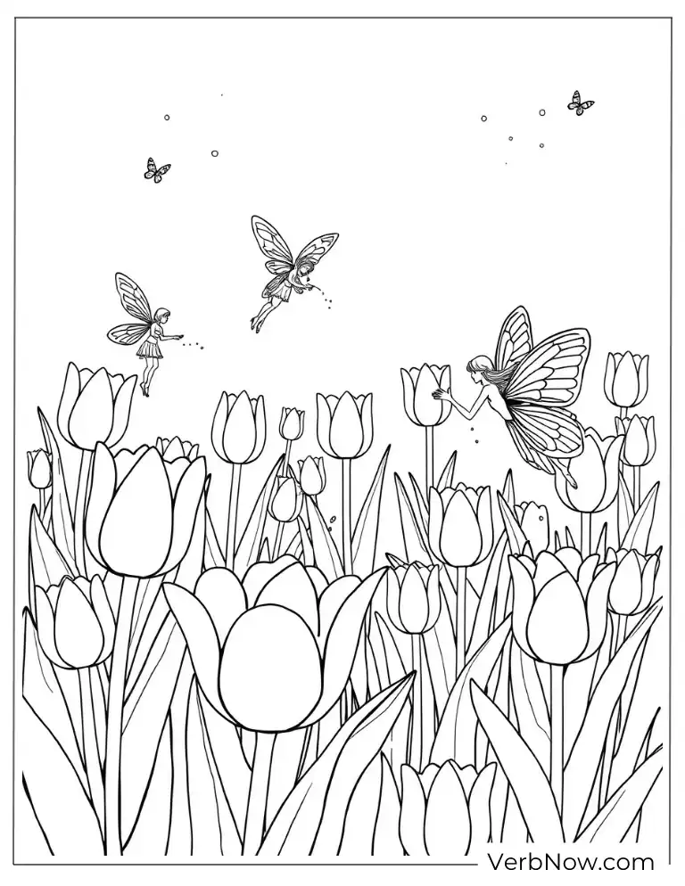 Butterflies and Tulip Coloring Page for Spring Nature Lovers