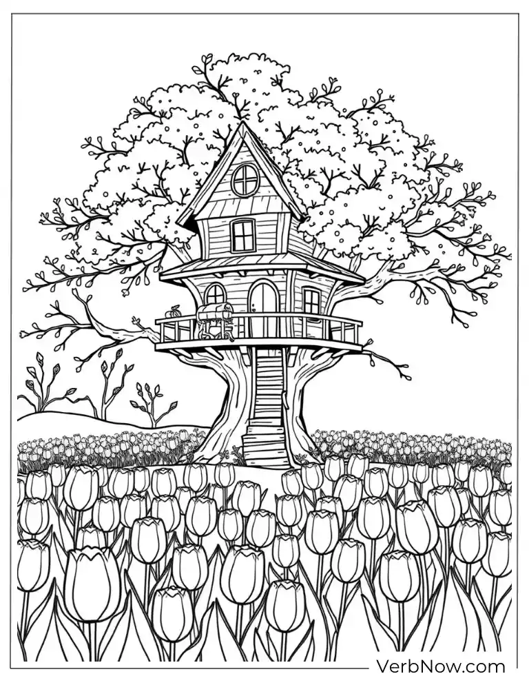 Treehouse and Field Tulip Coloring Page for Spring Theme