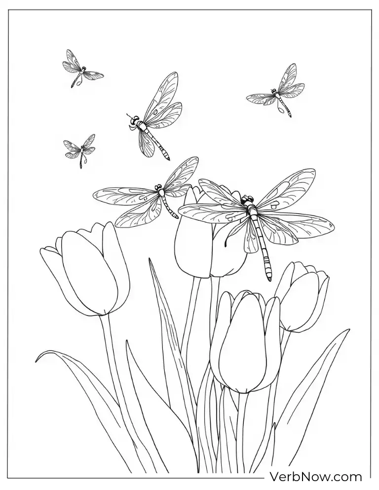 Dragonfly and Tulip Flower Coloring Page Printable